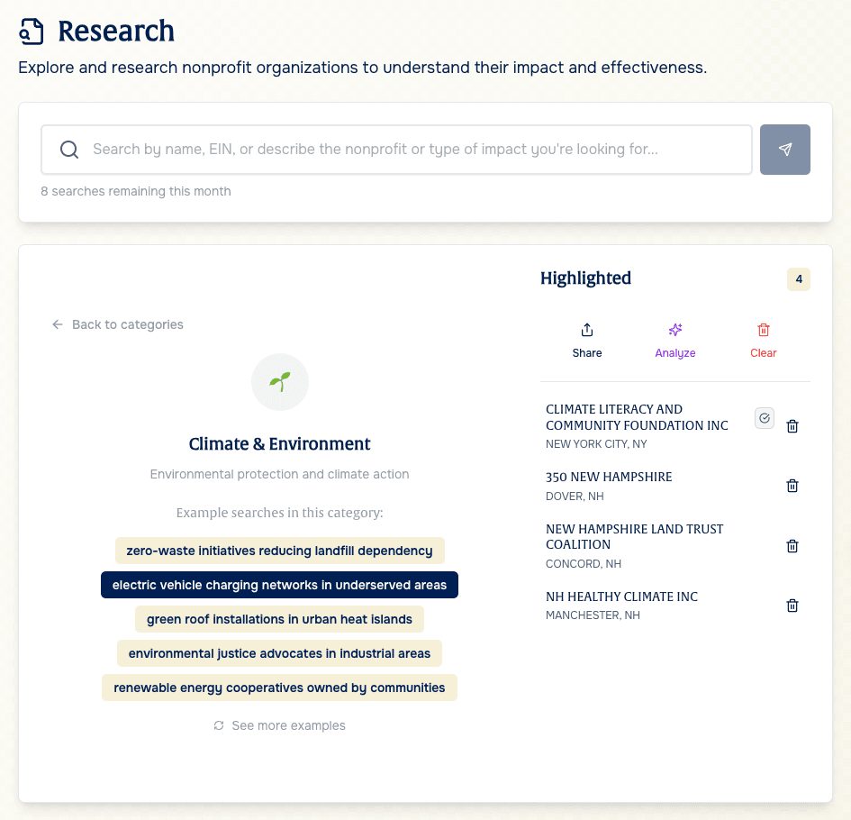 Advisor Dashboard showing nonprofit research tools