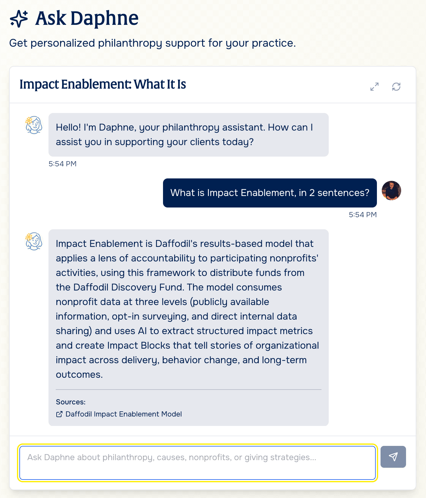 Ask Daphne AI Assistant helping with philanthropic decisions