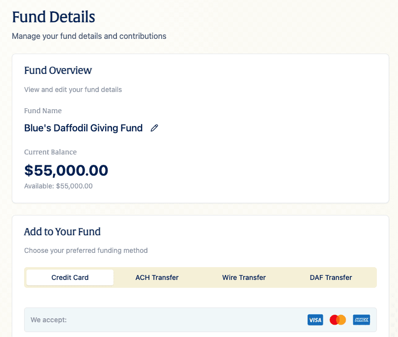 Compass giving fund details showing funding options