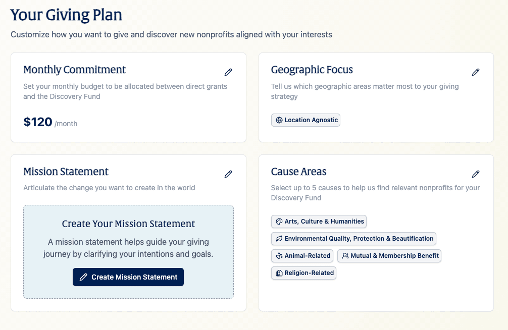 Compass giving plan setup showing personalized strategy