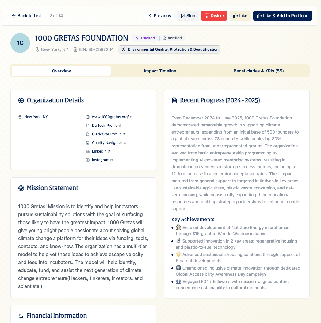Compass matched profile showing curated nonprofit recommendations with impact data