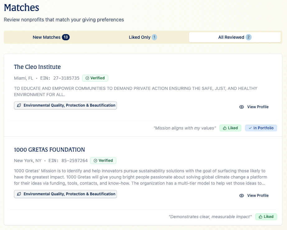 Compass matched profile showing curated nonprofit recommendations with impact data