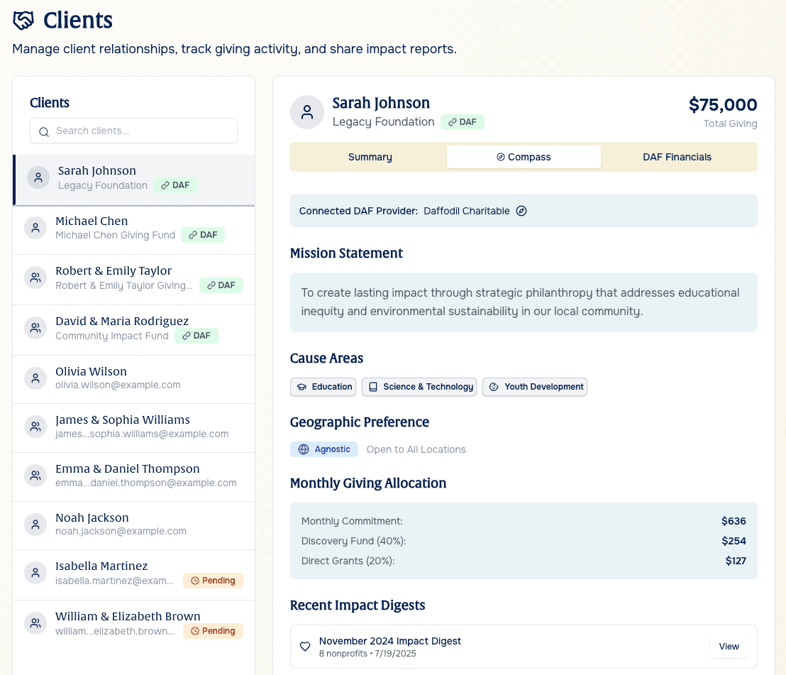 Advisor Dashboard showing nonprofit research tools