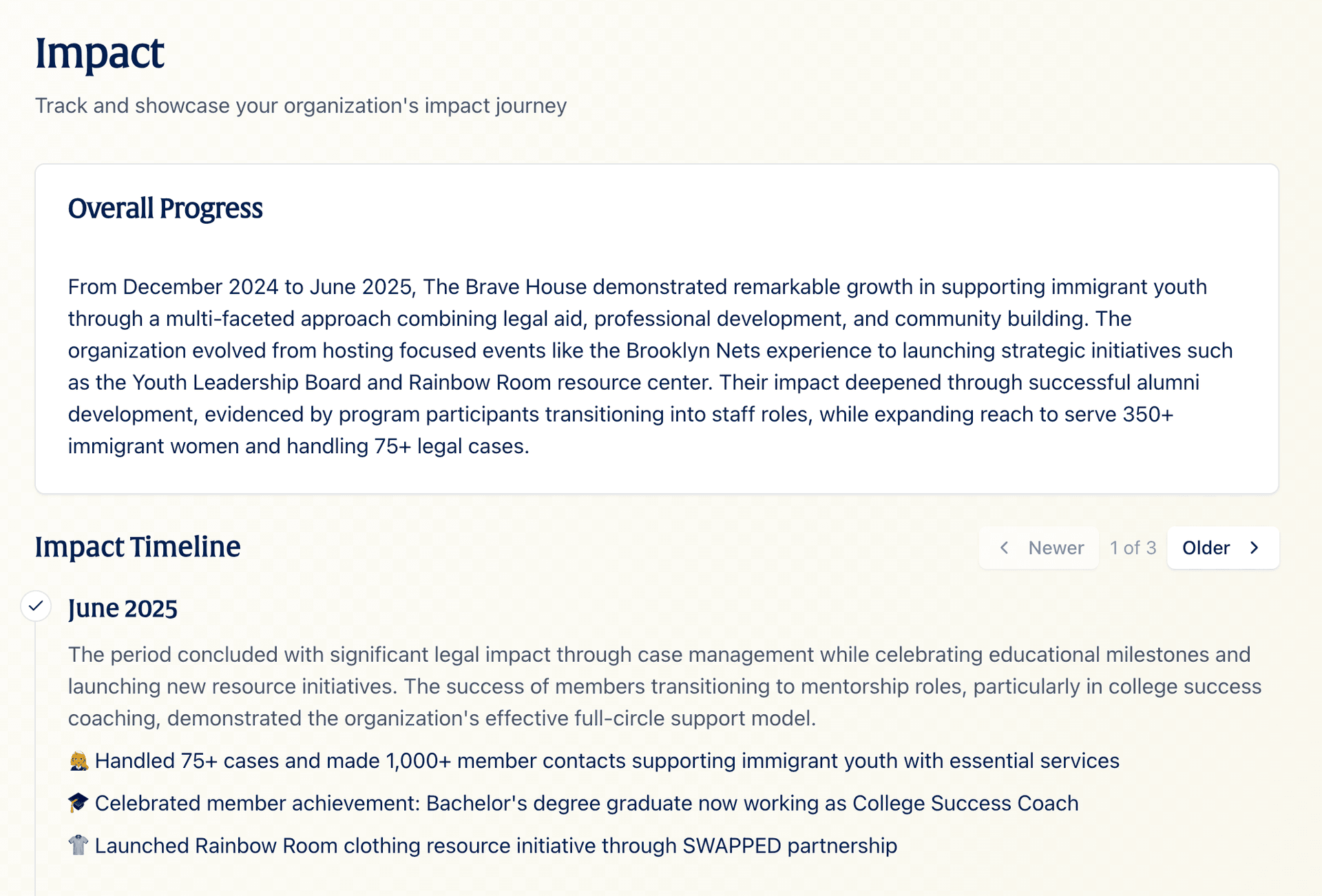 Impact timeline showing automated tracking of nonprofit milestones