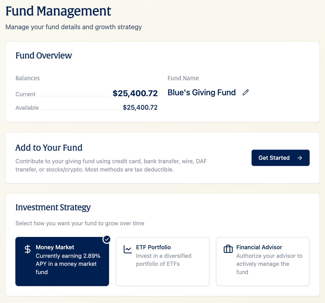 Compass giving fund details showing funding options