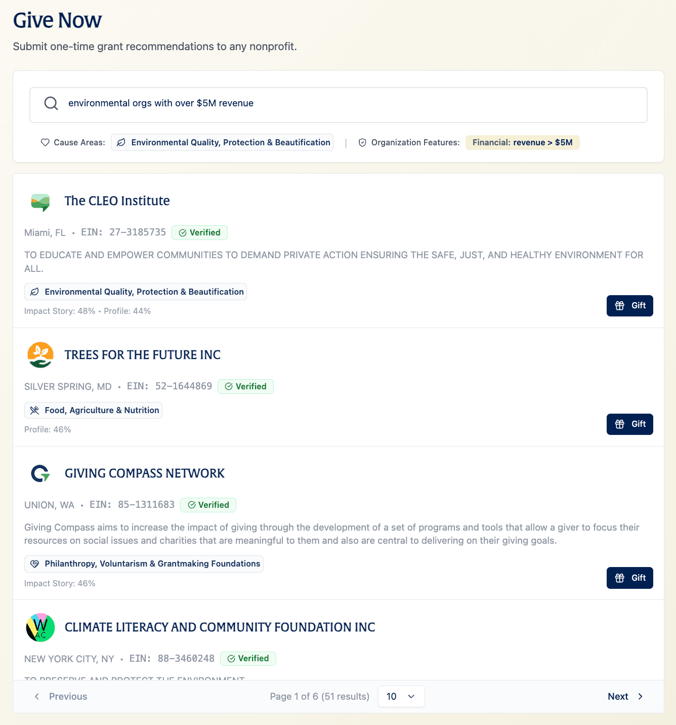 Compass matched profile showing curated nonprofit recommendations with impact data
