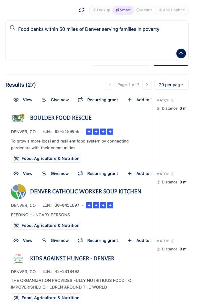 Nonprofit search results a donor can review before recommending a grant