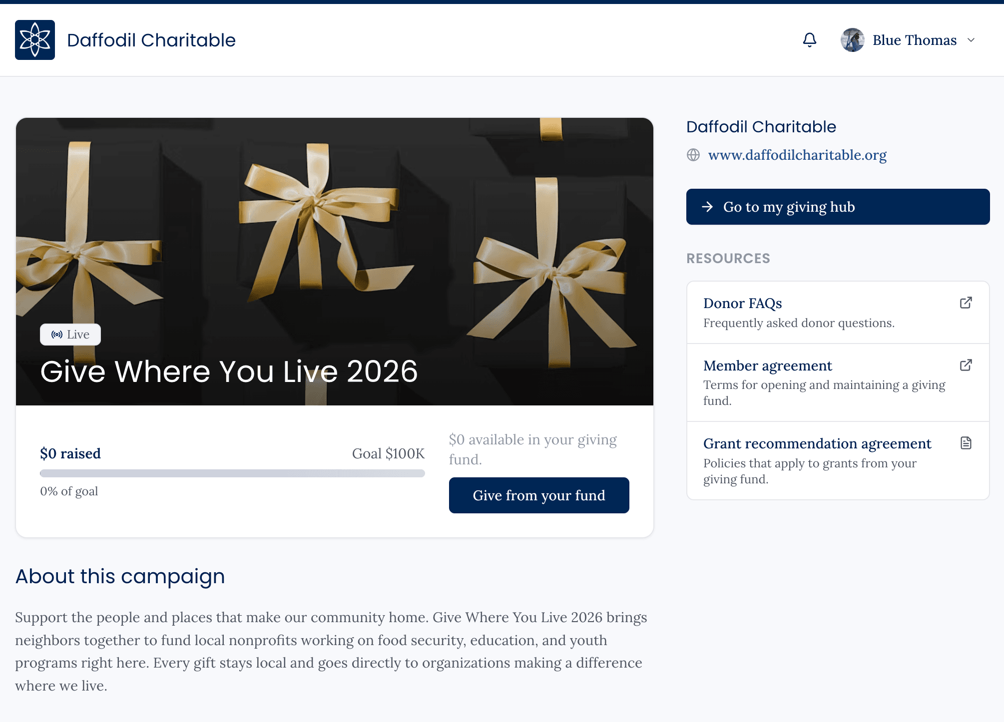 Give Where You Live 2026 campaign page with goal, progress, and a way to give from a fund