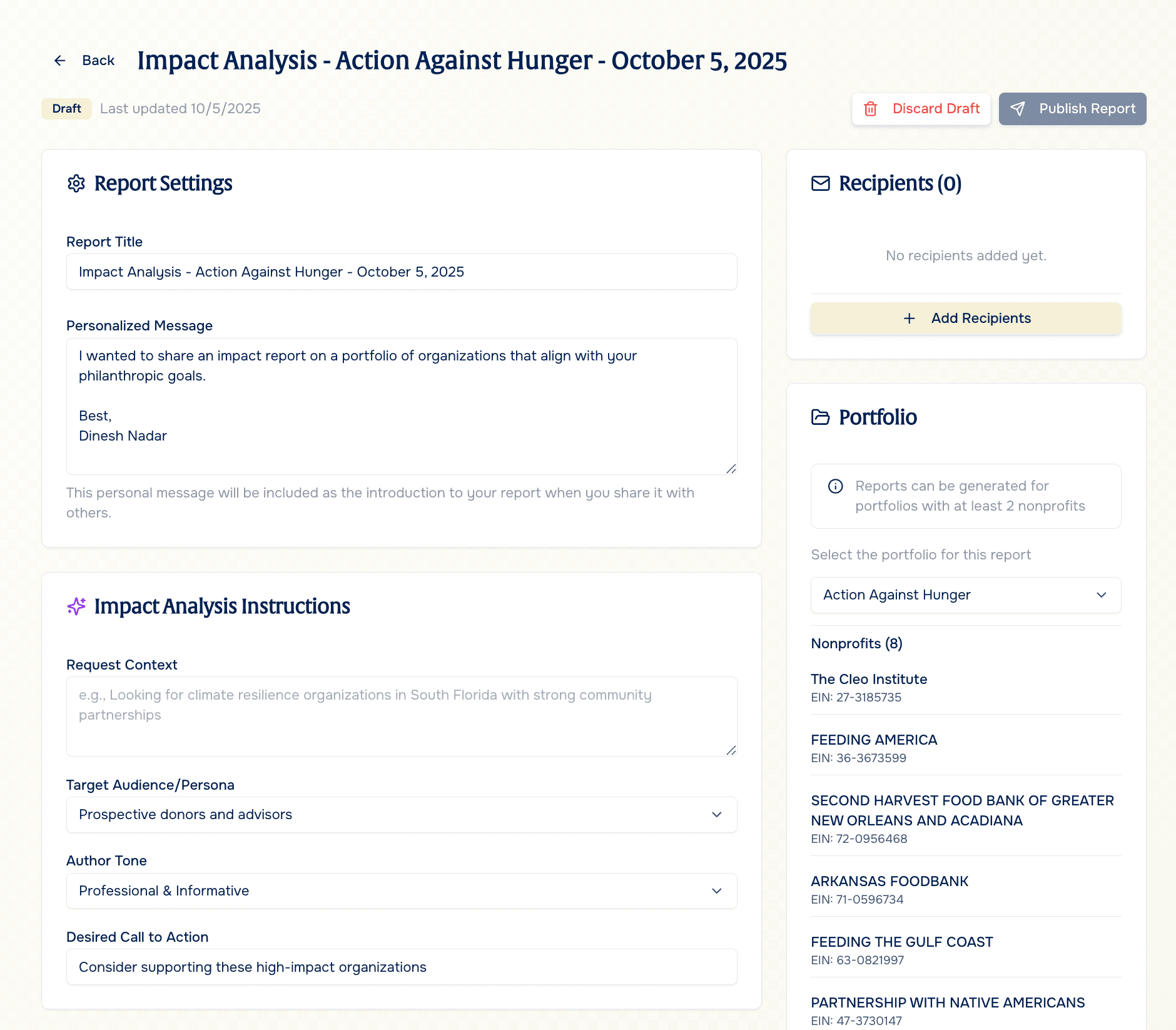 Impact report generated from a nonprofit portfolio