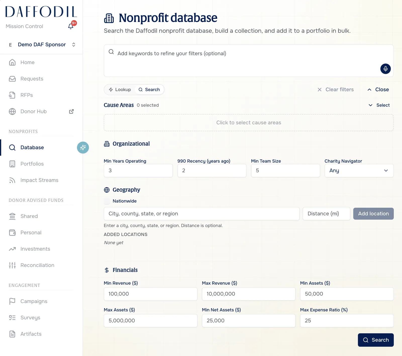 Nonprofit database search in Mission Control